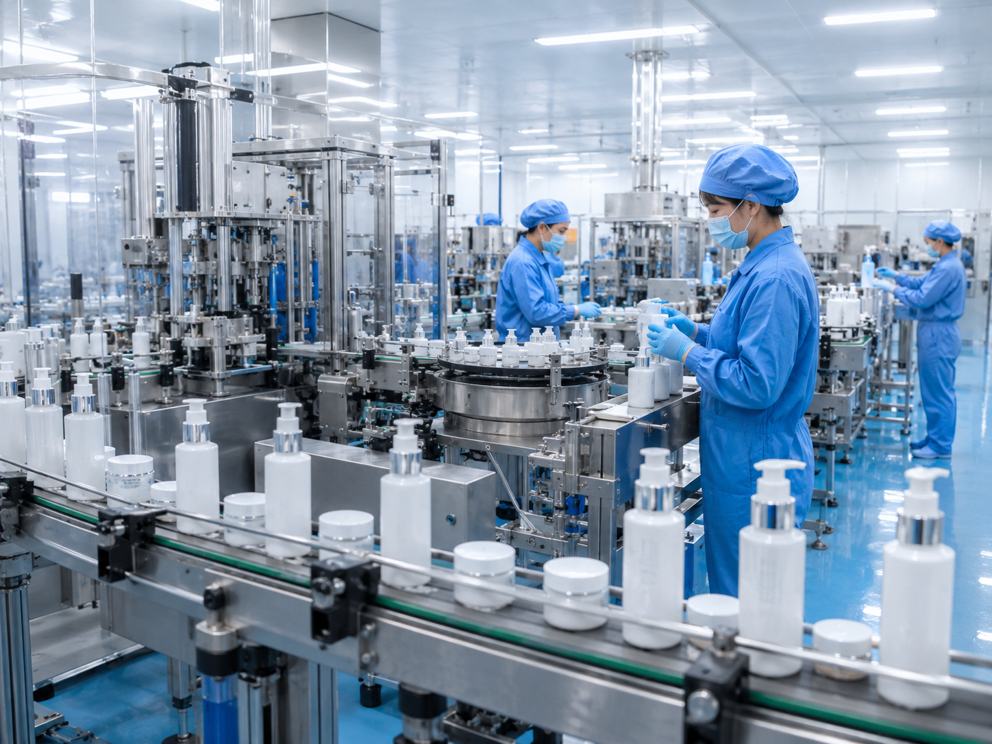 Automated skincare manufacturing factory with cosmetic production lines